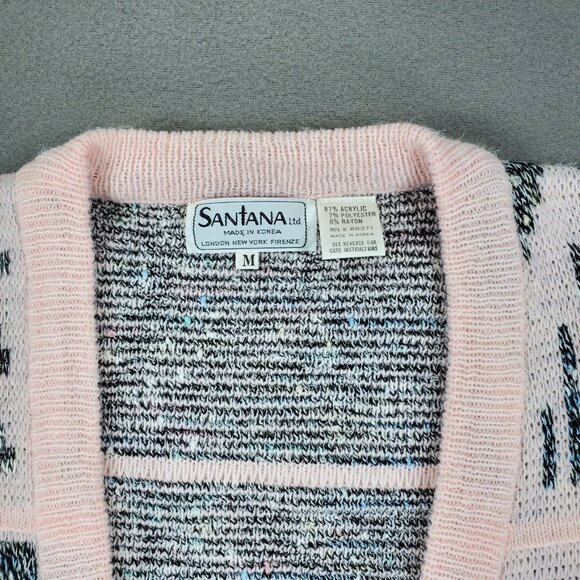 Vintage Santana Pin Geometric Pattern Mens M Long Sleeve Button Cardigan Fuzzy - Picture 2 of 5